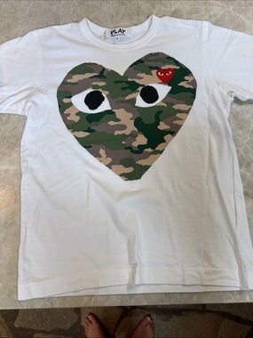 Comme des Garcons PLAY Kids White Tee with Camo Heart and Red Heart Logo
